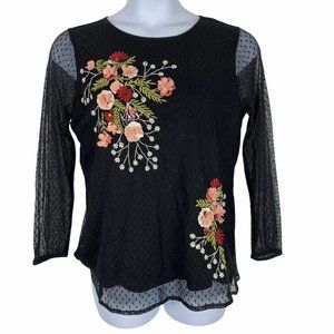 Chicos 1 Top Floral Embroidered Sheer Mesh Beaded Black Long Sleeve Blouse NEW